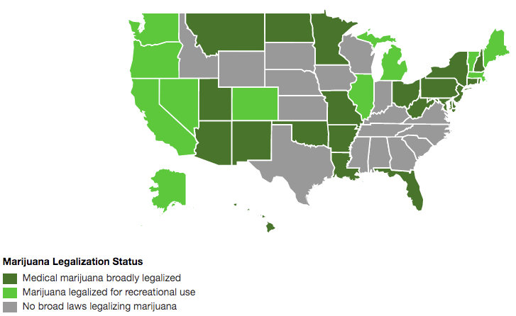 截止2019年6月25日美国大麻合法化地图，版权属于原作者