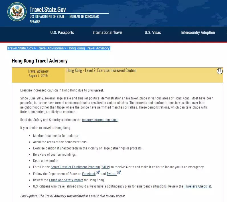 美国国务院发布赴香港旅行警示
