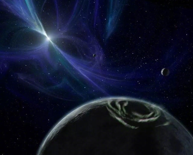脉冲星PSR B1257 12行星系统的艺术想象图。图片来源：NASA/JPL-Caltech/R. Hurt (SSC)