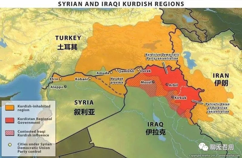 圖  黃色是庫爾德人分布區，紅色是庫爾德人自治區