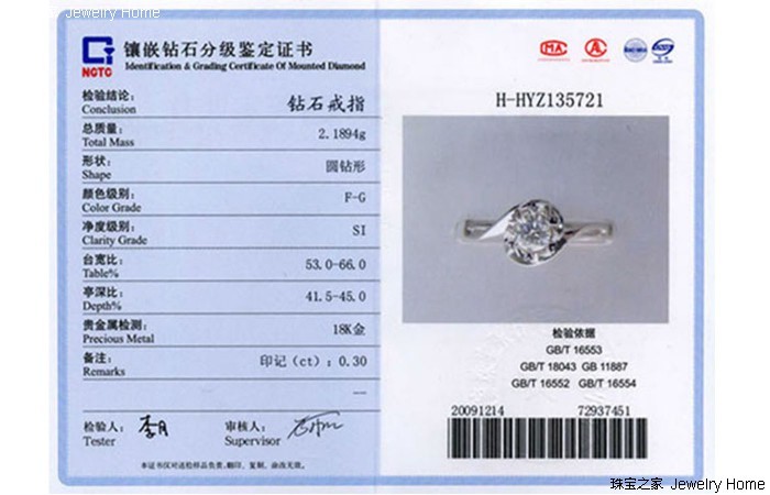 国家珠宝玉石质量监督检查中心 镶嵌钻石分级鉴定证书