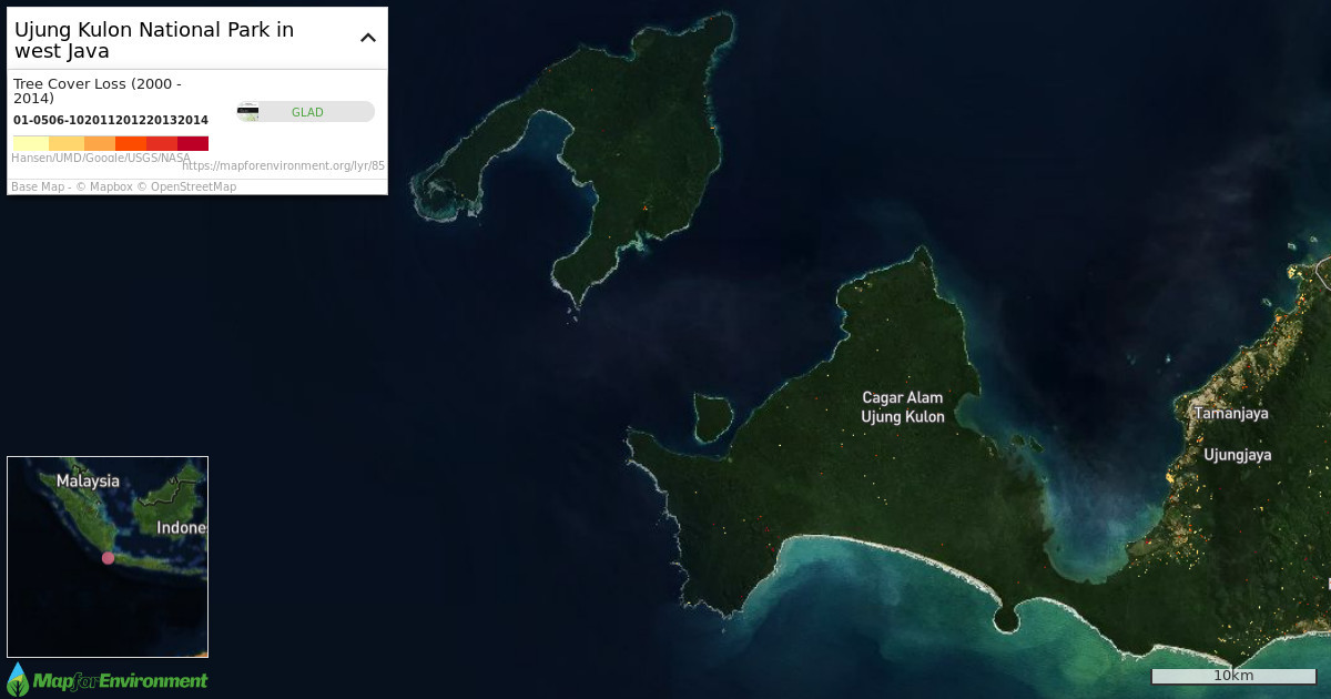 马戎格库龙国家公园在爪哇岛的西南端。地图通过Map For Environment创建