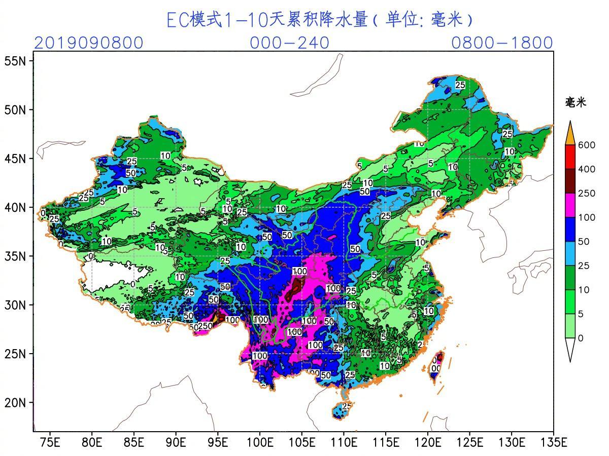 未来10天EC降雨量分析图可见，华西秋雨带非常清楚。