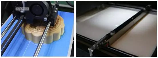 FDM机型打印平台(左)SLA机型树脂槽(右)