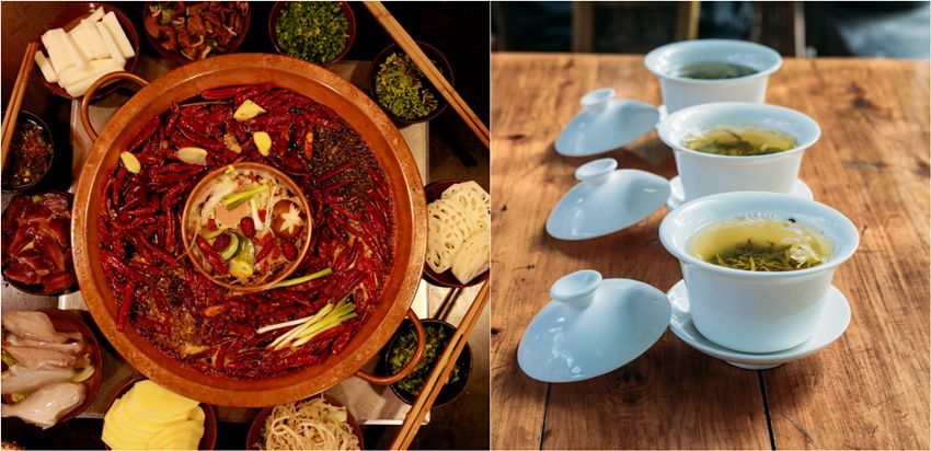 图片说明：重辣火锅和茶馆里常见的盖碗茶是成都两大饮食特色。图片来源：站酷海洛
