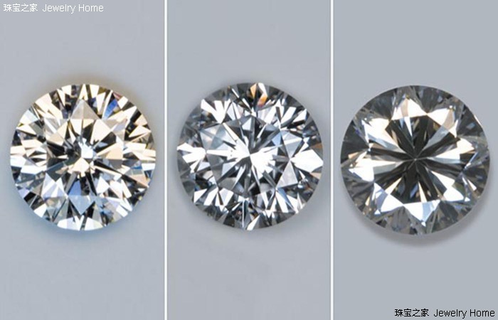 一般而言，切工的等级越高，钻石越亮，以上三颗裸钻石呈现的亮度分别为：高、中、低