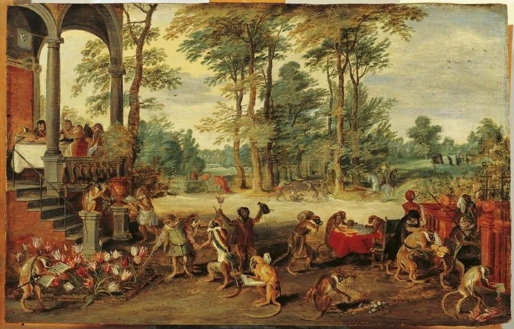 木板油画《郁金香狂热之讽》(1640年代)小扬&middot;勃鲁盖尔作