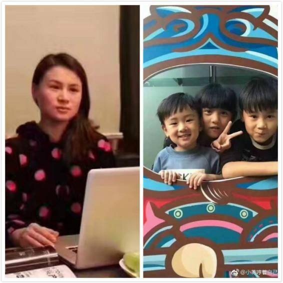 朱小贞（左）和她的三个孩子（右）